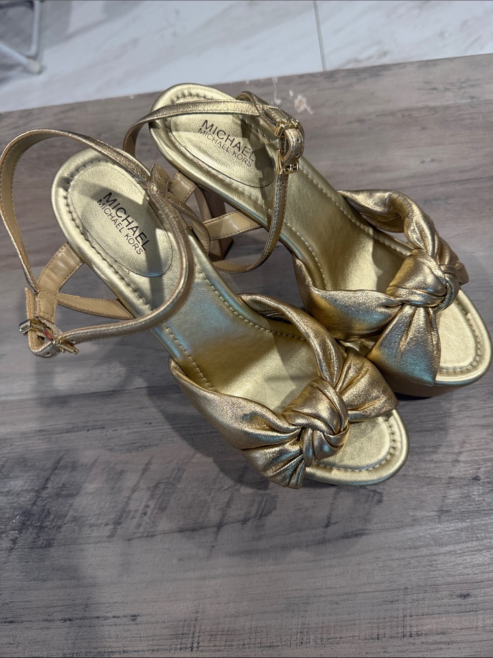 MICHAEL Michael Kors Metallic Gold Knot Heeled Sandals